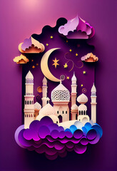 Sticker - Paper art mosque in clouds on a purple background 1