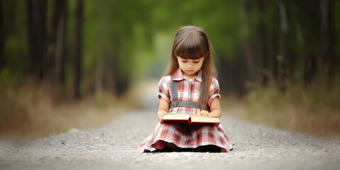Sticker - Little girl reading holy bible book at countryside.