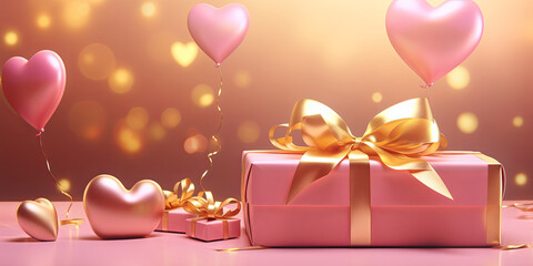 Wall Mural - festive gift boxes, hearts shape balloons with space for text. valentines day, sales concept