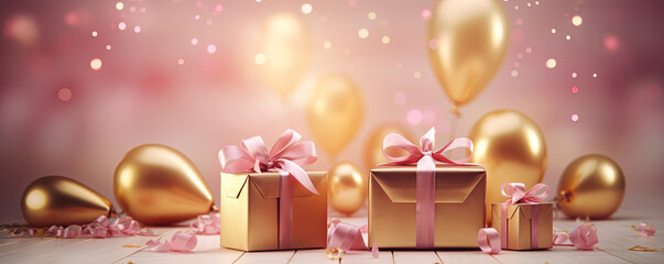 Wall Mural - festive gift boxes, with pink and gold balloons with space for text. holiday, sales concept