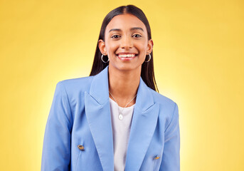 Sticker - Business woman, smile and happy portrait with professional style and fashion in a studio. Yellow background and female creative worker from India with job pride and writer agency career confidence