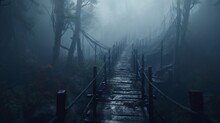 A Broken Bridge In A Foggy Forest 4K Photo Realistic.Generative AI