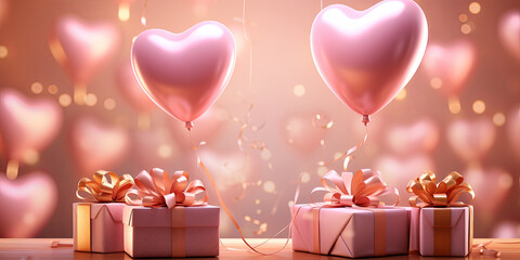 Wall Mural - festive gift boxes, hearts shape balloons with space for text. valentines day, sales concept