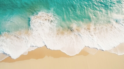  Aerial top view on nature landscape view of beautiful tropical clean sandy beach and soft blue ocean, Summer seascape waves