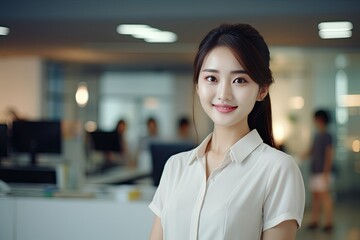 Beautiful Asian business woman smile in modern office. Smart and confident . Generative AI