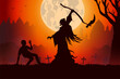 Angel of Death with black wings will kill a man on the floor with a sickle on a full moon night at the graveyard. Silhouette Illustration about Halloween mystery night.