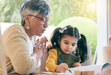 Poster - Teaching, grandma or girl learning drawing in book for creative skills or growth development. Senior, support or mature grandmother helping an artistic child to color in a school project or homework