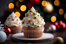 	
Christmas Tree On Cupcake, Delicious Xmas Muffin With Icing. Cream Shaped Like A Christmas Tree On Cupcake, Cake To Celebrate Seasonal Holiday.
