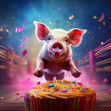 Cute Funky Pig Jumping Into A Birthday Cake