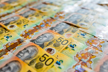 Rows Of Bank Notes, Each The Value Of Fifty Australian Dollars