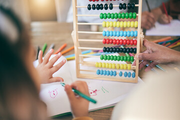 Education, math and child with grandmother, abacus or hand for counting, project or home school, kindergarten or lesson. Learning, fingers or kid with grandma in living room help, teaching or numbers