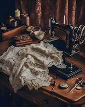 On The Table Is An Old Victorian Sewing Machine And Some Sewing Supplies