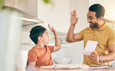 Sticker - High five, homework and father with child at their home in celebration of completed studying. Happy, smile and young dad bonding together with his boy kid in the kitchen of modern house or apartment.