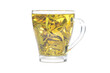 Tea brewing process in transparent glass cup. Green tea leaves unfolding during the brewing.