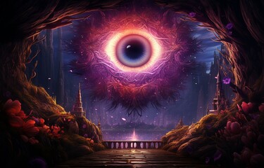 Open third eye Trippy 3D psychedelic mushrooms magic tunnel beautiful background art. Generative AI