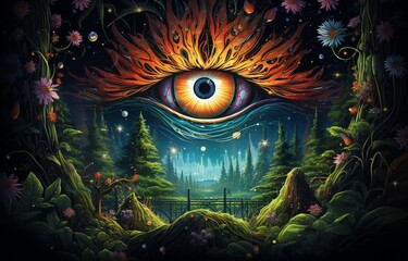 Wall Mural - open third eye trippy 3d psychedelic mushrooms magic tunnel beautiful background art. generative ai