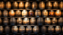 Wine Cellar Storage Room With Barrels Of Wine, Rum, Whisky, Bourbon And Scotch. 16:9 Wide Aspect Ratio Wallpaper 