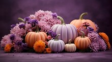 Pink And Orange Pumpkins And Flowers Thanksgiving Halloween Decoration On Blue. Trendy Modern Pastel Pumpkins And Various Flowers On Table. Autumn Holidays Decoration Arrangement Ideas