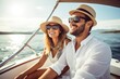 © dark_blade - Beautiful couple looking in sunset from the yacht. AI generated