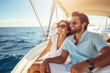 Beautiful Couple Looking In Sunset From The Yacht. AI Generated