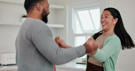 Canvas Print - Home, dancing and couple with marriage, smile and celebration with anniversary, support and loving together. Music, man and woman with energy, romance and kitchen with support, relationship and care