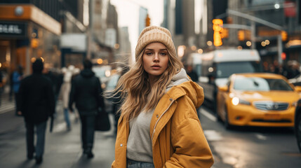 Wall Mural - Generative AI, beautiful young stylish girl in fashionable clothes stands against the backdrop of a city street, teenager, street style, youth, woman model, fashion show week, portrait photography