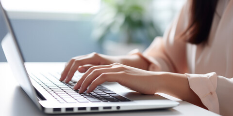 young woman using laptop computer at home. female hand typing on laptop keyboard in office. business