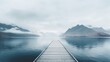 © QuietWord - wooden dock way to horizon in foggy morning, minimalism style background with copy space, Generative Ai