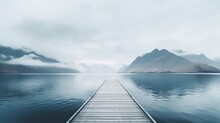  Wooden Dock Way To Horizon In Foggy Morning, Minimalism Style Background With Copy Space, Generative Ai