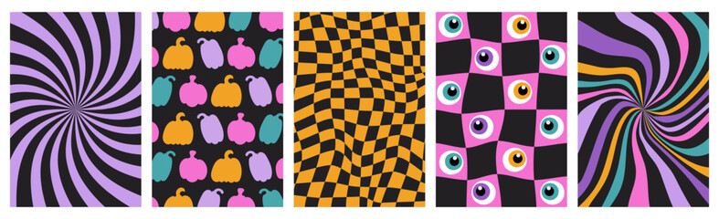 Halloween groovy poster set. Psychedelic distorted pattern collection for banner, greeting card, party. Pumpkins, eye character. Trendy retro vector illustration isolated on black background