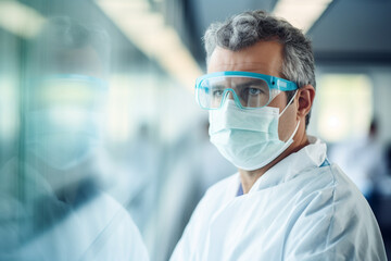 Portrait of male scientist close up, Advanced scientific laboratory for the development of medicine, biotechnology, microbiology. Scientists Developing Vaccine, Drugs and Antibiotics.