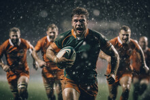 Rugby Sportsman Players With Ball In Action On Stadium Under Lights. Emotional Team Under Rain, Splash Drops.
