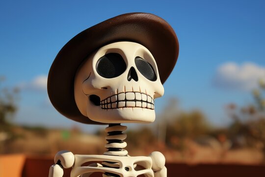 portrait of a painted skeleton in a hat outside