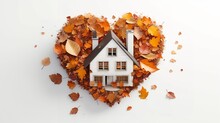 Cozy House Nestled In A Heart Shape Made Of Autumn Leaves