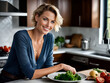  Lächelnde Frau in der küche mit direktem Blickkontakt, gen AI.