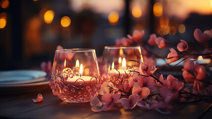 Sticker - Romantic dinner decorated with heart - shaped flowers and candles. ultrarealistic, ultradetailed, 8K, hyperealistic, Cinematic lighting.