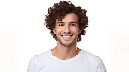 Man smiling with curly hair. Portrait of handsome positive man with toothy smile and healthy hair isolated on white background