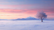A serene, snowy landscape at sunrise, untouched powder gleaming in the dawn light, a solitary tree in the foreground, mountains in the distance