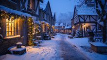 A Quaint Village Dusted With Snow, Old Stone Houses, Christmas Lights Twinkling In The Twilight