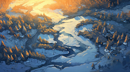 Canvas Print - digital painting, high altitude aerial view of snowy forest, meandering frozen river, sunset casting