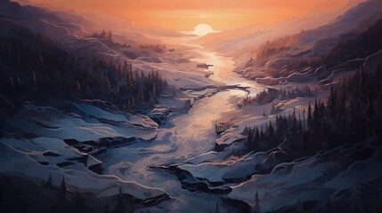 Canvas Print - digital painting, high altitude aerial view of snowy forest, meandering frozen river, sunset casting