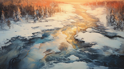 Canvas Print - digital painting, high altitude aerial view of snowy forest, meandering frozen river, sunset casting
