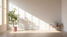 A Simple, Calming, Zen - Like Indoor Space, White Walls, Large Windows, Minimalist Furniture, Indoor Plants, Gentle Afternoon Light Casting Long Shadows