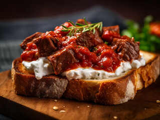 Wall Mural - Lamb or beef served on a bed of bread with tomato sauce and yogurt . Ai Generative