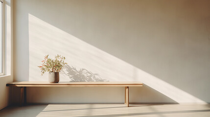 a simple, calming, zen - like indoor space, white walls, large windows, minimalist furniture, indoor plants, gentle afternoon light casting long shadows