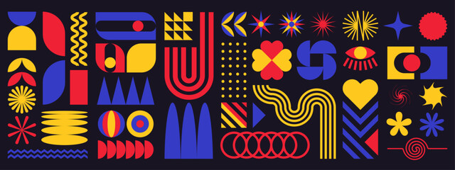 Geometry shapes. Abstract graphic elements, star and flower icons, retro modern lines, geometric figures background, minimal elements isolated. Contemporary banners. Vector brutal forms