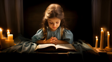 Wall Mural - Little girl reading bible book. Worship at home.