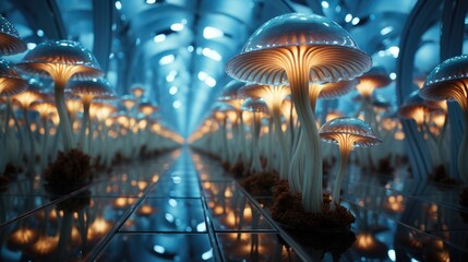 A group of mushrooms sitting on top of a tiled floor. Digital image.