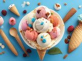 Fototapeta Mapy - Scoops of ice cream in bowl on blue background, top view