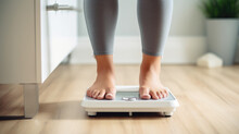 Cropped Image Of Woman Feet Standing On Weigh Scales.